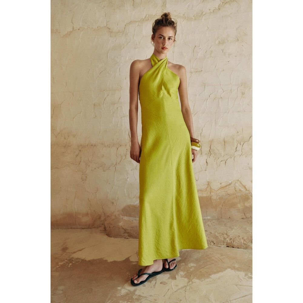 ZARA Linen Wrap Halter Midi Dress Lime Green NWT Size S Rare Sold Out